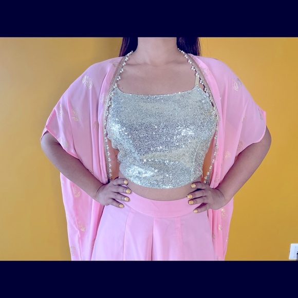 Indya baby pink 3-piece palazzo set with shrug - Picture 6 of 8